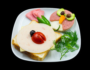As a snack plate, animal and flower themed decoration using various vegetables and other food, on white plate decorated with parsley on black background