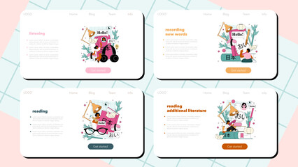 Japanese language web banner or landing page set. Japanese school