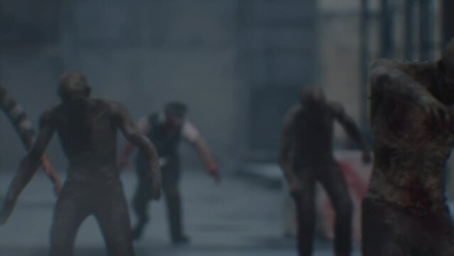 Horde of Zombies Runs in an Abandoned City Horror 3D Animation Rendering Cinematic 4K