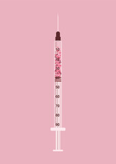 Cosmetology illustration with a syringe full of tiny hearts. Vector for social media posts, posters, and templates.