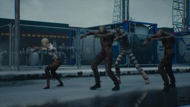 Horde of Zombies Walks in an Abandoned City 3D Animation Rendering Creepy Cinematic 4K