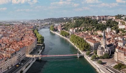 panorama of Lyon, Saint Georges church and bridge over Saone river, France