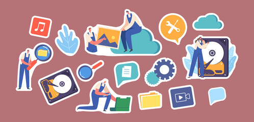 Set of Stickers Data Recovery, Backup and Protection, Hardware Repair Service. Characters in Worker Uniform Fix Files