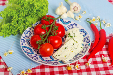 Branch with tomatoes on the plate wiht cheese