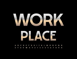 Vector modern sign Work Place with chrome Alphabet Letters and Numbers set. Shiny silver Font