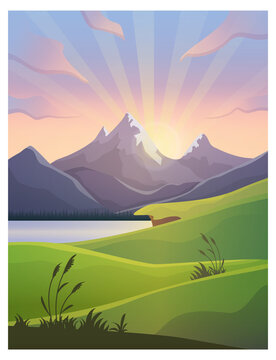 The sun rises in the mountains. Early morning. Landscape with mountains, meadows and lake. Vector colorful illustration.