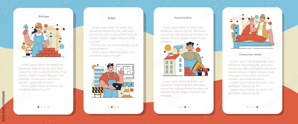 Poster builder mobile application banner set. workers constructing