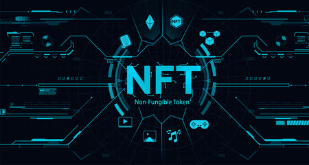 Banner NET logos and icon of unique digital goods, for business technologies, cryptocurrencies, crypto art, digital assets. Infographics of NFT Collectibles Market. Mining, technology of unique token.