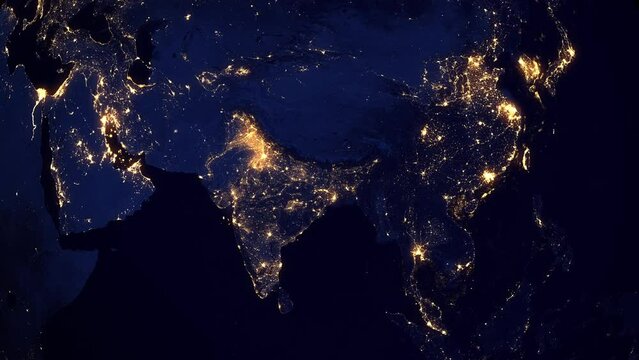 Animation of Earth Seen From Space, Asian and Middle East Cities with Lights. India, China, Japan.
