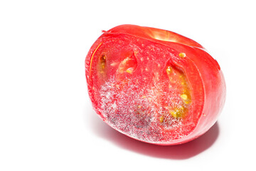 a piece of tomato covered with white and black mold on a white background