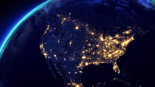 View of North America from Space. City Lights at Night. 3d Animation. United States, Canada, Mexico.