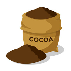 cocoa powder, brown hemp bag or sack opened, pile of food ingredient, vector illustration 
