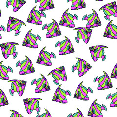 The background is a bright fish. The art of marine life. Seamless vector pattern with hand-drawn fish on a white background. Collection of marine textiles. Tropical ocean.
