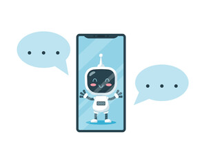 Smartphone with cheerful chat bot inside and chat bubbles, flat vector illustration isolated on white background.