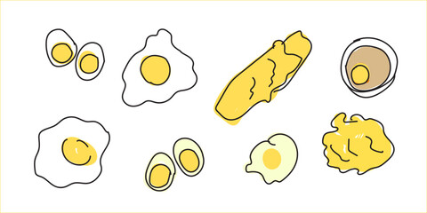Fresh and boiled eggs. Cartoon broken eggs with cracked eggshell, vector illustration