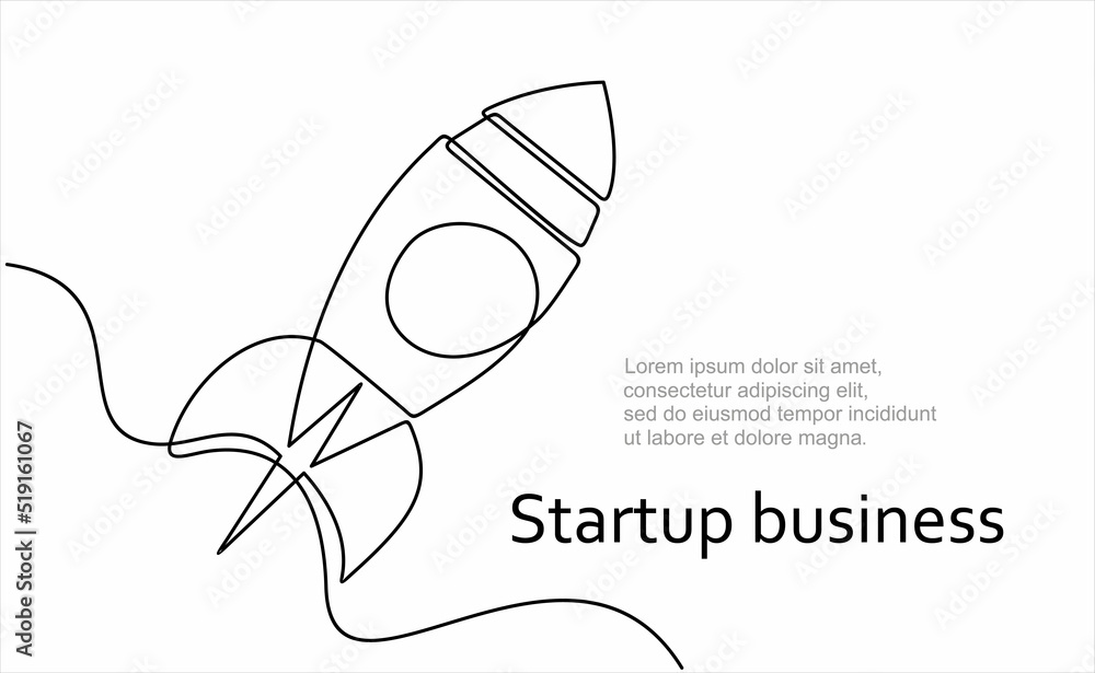 Poster continuous one line drawing of rocket launch, ship. continuous line drawing. startup business. vecto