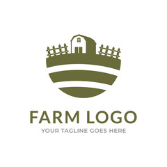 Farm House concept logo. Template with farm landscape. Label for natural farm products. Black logotype isolated on white background. Vector illustration.