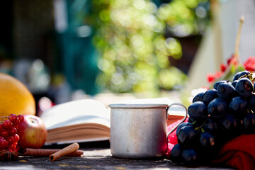 Cozy autumn concept with mug of tea, vintage book, apples in rustic style. Autumn aesthetic still life with shadows, red dahlia. Cozy home, warm scarf and tea. Thanksgiving Day concept.