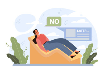 Procrastination concept. Lazy character laying or sleeping