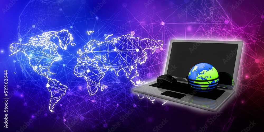 Poster 3d rendering laptop connected mouse
