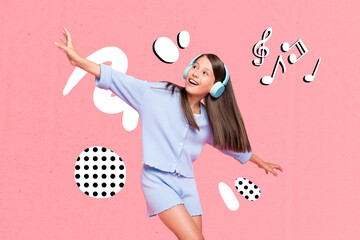 Creative collage image of cheerful carefree girl enjoy listen new playlist drawing melody notes...