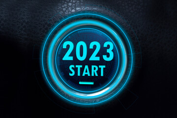 The new beginning of 2023. Start button with success initiative infographic.