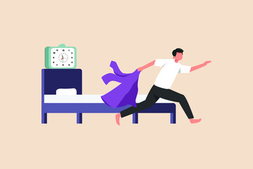 Stressed anxious businessman rushes and runs to his office, he wakes up late. Late concept. Colored flat Vector Illustration.