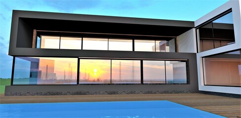 Reflection of the sunset in the windows of a modern high-tech house. Wooden deck around the pool with blue water. 3d render.