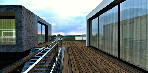 Fototapeta premium Rooftop patio of an advanced high-tech home. Terrace board flooring. Steel and glass railing. 3d render.