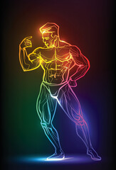 Bodybuilder muscle man fitness posing. Banner with neon silhouette of sexy man figure, beautiful silhouettes, nightclub, striptease, sex shop advertisement, vector illustration - 519163845