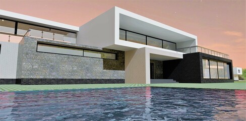 Contemporary high-tech building at night. Flat roof, spacious terrace and swimming pool. The facade is slate gray, black and white brick. 3d render.