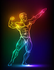 Bodybuilder muscle man fitness posing. Banner with neon silhouette of sexy man figure, beautiful silhouettes, nightclub, striptease, sex shop advertisement, vector illustration - 519163885