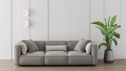 Contemporary interior with sofa, wall panel, 3d render, illustration mockup