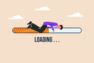 Young boy waiting on progress loading bar. Measurement and performance concept. Flat vector illustration isolated.