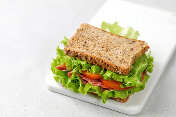 Toast, snack, bruschetta. Sandwich with fresh lettuce, tomatoes and sausage. Healthy snack, take away food. Copy space, text.