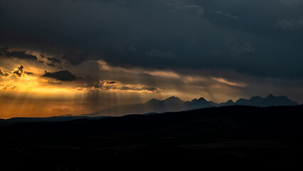 Silhouettes of the mountains against the sunset. Tatra Mountains, Slovakia.