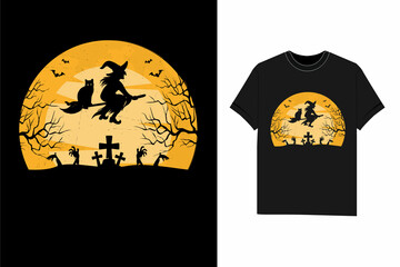 Halloween moon vintage cat witch Illustration t shirt design