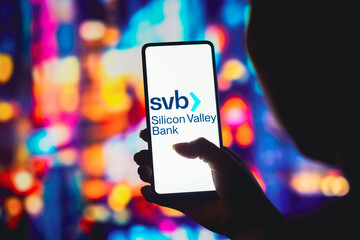 July 25, 2022, Brazil. In this photo illustration, the Silicon Valley Bank (SVB) logo is displayed on a smartphone screen.