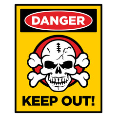 Human skull with crossbones symbolizing danger. Warning vector sign