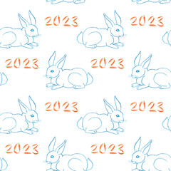 Obraz premium Seamless pattern with rabbit and carrots hand drawn with colored pencils