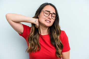 Young caucasian woman isolated on blue background tired and very sleepy keeping hand on head.