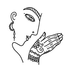 Namaste woman henna tattoo mehendi hands. Indian and Buddhism illustration. Vector clipart symbol. Good for yoga studio poster, branding, t-shirt and more.