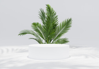 Obraz premium 3d rendering Minimal modern product display on neutral background. podium and green leaves. Concept scene stage showcase for new product, promotion sale, banner, presentation, cosmetic