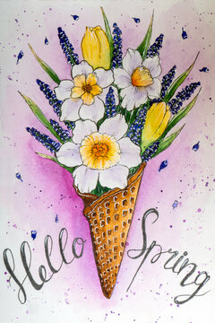 Bouquet of spring flowers. Watercolor drawing.