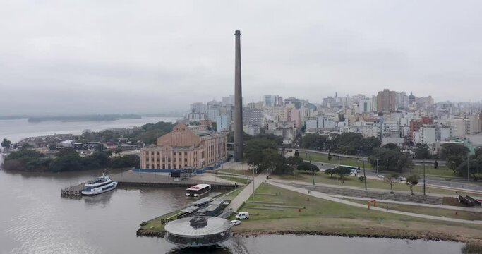 Usina do Gasômetro in Porto Alegre seen from a drone, cloudy day
