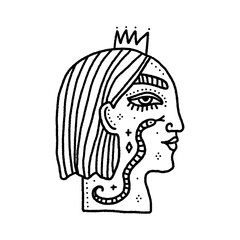 Goddess of Snakes. Queen or Princess. Woman with snake clipart. Blackwork tattoo art, coloring. Hand drawn vector illustration Isolated on a white background. Distressed underground engraving style.