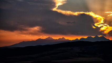 Silhouettes of the mountains against the sunset. Tatra Mountains, Slovakia.