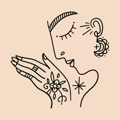 Namaste woman henna tattoo mehendi hands. Indian and Buddhism illustration. Vector clipart symbol. Good for yoga studio poster, branding, t-shirt and more.