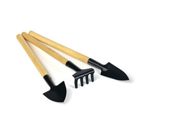 Home plant transplant tools..Set of gardening tools shovel, rake, scoop isolated on white background. Transplanting home plants concept. Copy space. .