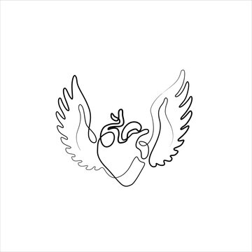Flying human heart with wings, continuous line drawing, small tattoo, print for clothes and logo design, logo design, Heart Wings, Valentine's Day, greeting card, isolated abstract vector illustration